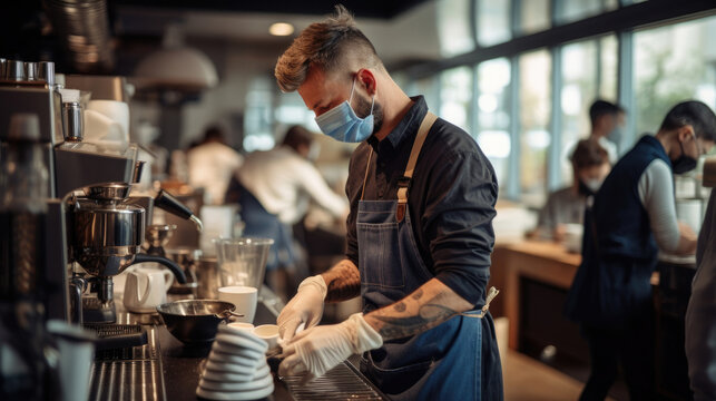 Barista worker with disposable face mask preparing coffee in a warm and bustling cafe atmosphere created with Generative AI Technology