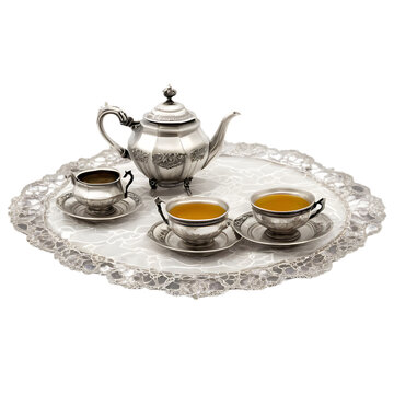Collection of antique silver tea service on a lace tablecloth, isolated on transparent background Transparent Background Images 