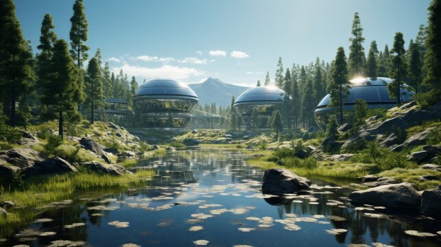 Futuristic domed city in a lush forest