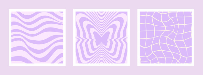 Abstract groovy backgrounds set. Hippie backdrops. Y2k aesthetic. Twisted design in purple colors. Retro psychedelic vector illustration. Checkered, waves, pattern with butterfly.