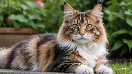 Fototapeta premium Calico maine coon cat in the garden
