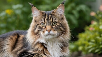 Calico maine coon cat in the garden