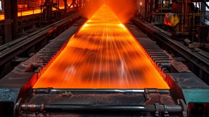 Redhot sheets of steel moving through rollers being flattened and shaped according to specific designs.