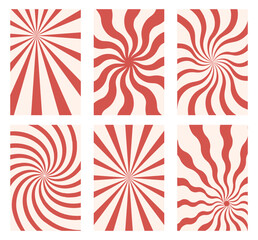 Old groovy backgrounds set. Hippie backdrops with curved stripes. Y2k aesthetic. Retro psychedelic vector illustration. Abstract patterns with colorful rays. Twisted design in red colors.