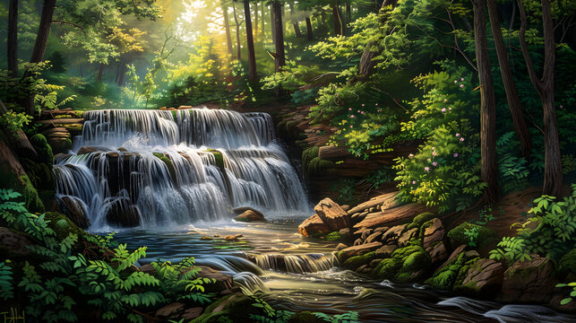 Jq Art Depicts The Mesmerizing Beauty Of A Waterfall Surrounded By Vibrant Forest Foliage