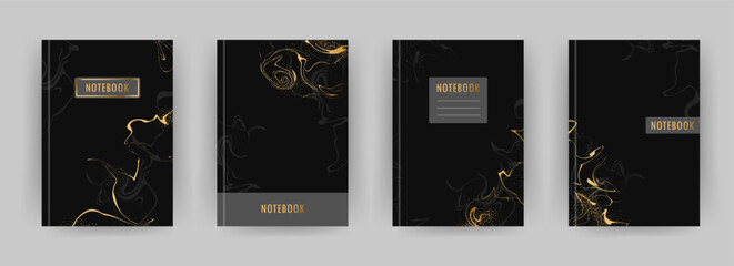 Cover page notebook collection. Templates with golden liquid texture. Perfect for diary, books, magazines, journals, catalogs, planners and flyers. Vector layouts. Minimalist style.