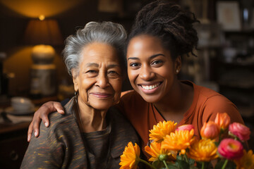 Happy mother and daughter having fun with flowers. African american adult female with child celebrating mother's day.