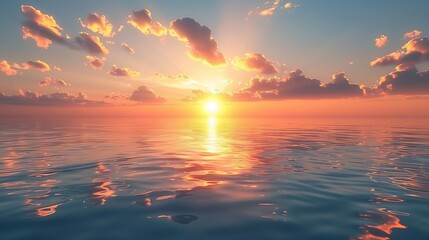 Glow: A sunset over a calm ocean, with the sun casting a warm glow over the water - obrazy, fototapety, plakaty