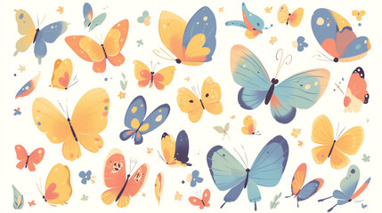A delightful assortment of colorful cartoon butterflies with playful patterns, perfect for cheerful illustration designs on white background