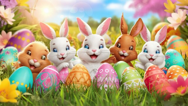 colorful picture of happy baby bunnies, eggs, Easter