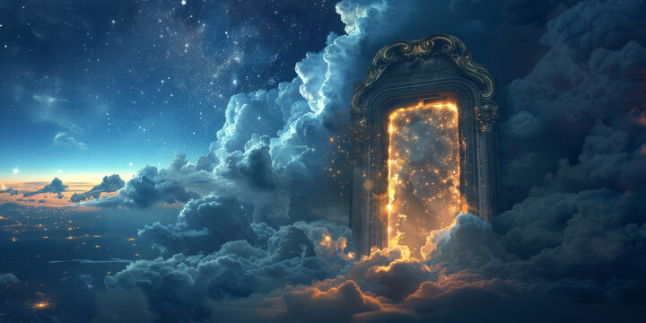An open doorway floating amidst fluffy cumulus clouds in the sky, creating a surreal and fascinating sight