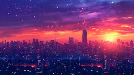 Fototapeta premium Skyline: A panoramic view of a city skyline at dusk, with the lights of the buildings and skyscrapers