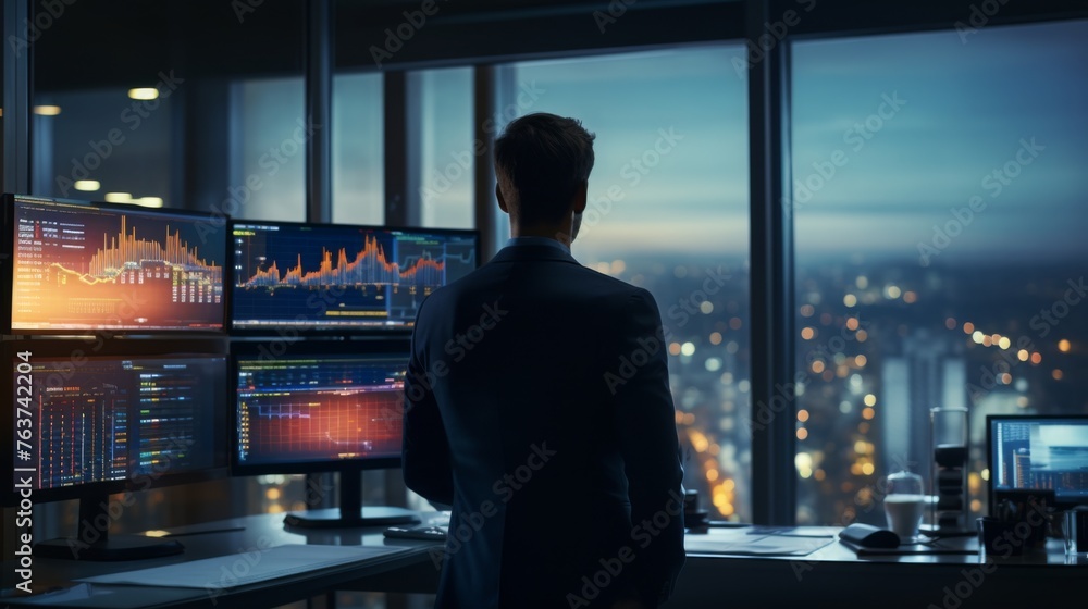 Poster trader analyzing financial data on multiple screens