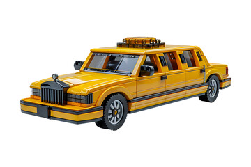 A 3D animated cartoon render of a yellow limousine with a sunroof and sleek design.