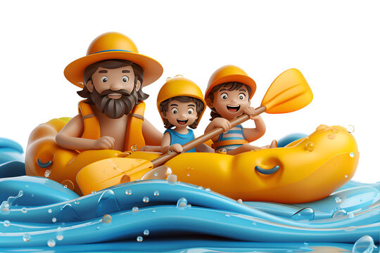 A joyful 3D animated cartoon render of a happy family kayaking together.