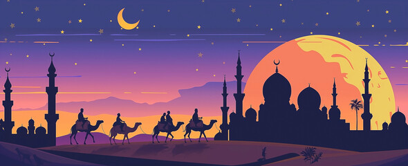 People on camels under moon, a night sky with stars, a mosque silhouette in the background - obrazy, fototapety, plakaty