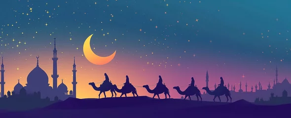 Poster People on camels under moon, a night sky with stars, a mosque silhouette in the background © khozainuz