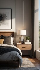 a nightstand in a modern bedroom at daylight, california style