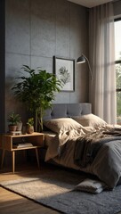 Simple Bedroom with Houseplant and Wood Side Table
