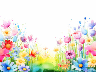 Vibrant watercolor illustration of a variety of colorful flowers with paint splashes and grassy details