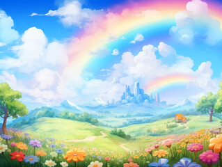 Idyllic watercolor countryside scene with a vibrant rainbow over a meadow leading to a distant city