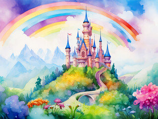 Enchanting watercolor fantasy castle with vibrant rainbows and dreamy cloudy backdrop in a magical setting