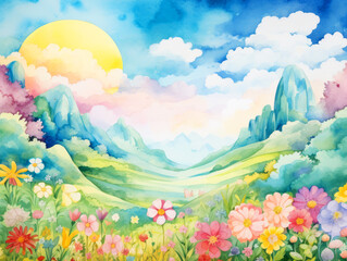 Fototapeta na wymiar Watercolor garden at sunrise with a soft yellow sun peeking over lush mountains and blooming flowers