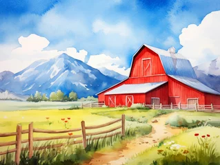 Rolgordijnen Rustic watercolor landscape featuring a red barn with a backdrop of snow-capped mountains and clear skies © Nongkran