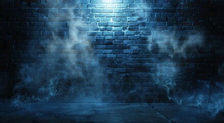Mysterious blue brick wall enveloped in fog, illuminated by a glowing spotlight, creating an eerie ambiance. - obrazy, fototapety, plakaty