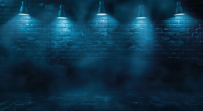 Chilling scene of a fog-shrouded blue brick wall with a spectral glow, setting the stage for a suspenseful narrative.