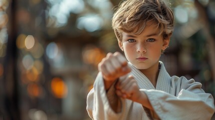 young boy in a white kimono practices Jiu-Jitsu, executing a powerful punch technique - obrazy, fototapety, plakaty
