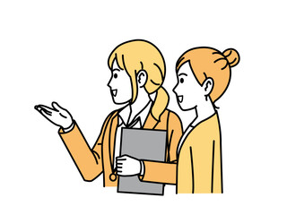 お客に案内や説明する女性会社員のイラスト