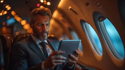 businessman in a suit utilizes a tablet while on a business trip aboard a plane