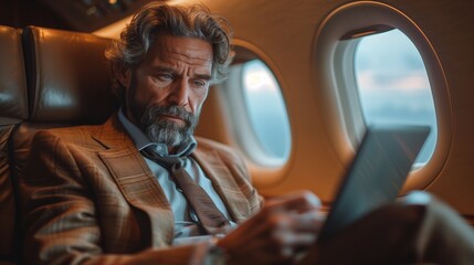 businessman in a suit utilizes a tablet while on a business trip aboard a plane
