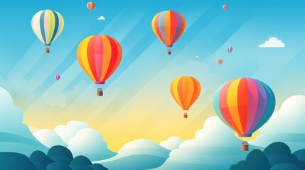 Colorful Balloon Adventure in the Air: A Fun and Cute Cartoon Illustration on a Blue Sky Background