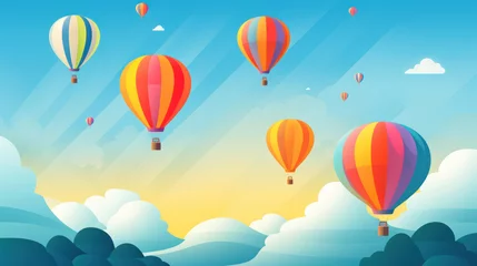 Papier Peint photo Lavable Montgolfière Colorful Balloon Adventure in the Air: A Fun and Cute Cartoon Illustration on a Blue Sky Background