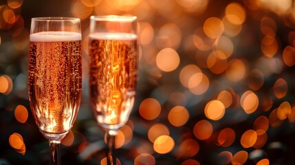 Blurred festive bokeh backdrop with champagne glasses, setting the mood for celebration and elegance