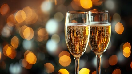 Blurred festive bokeh backdrop with champagne glasses, setting the mood for celebration and elegance - obrazy, fototapety, plakaty