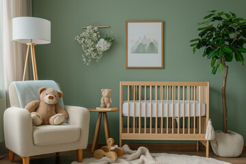 Scandinavian Nursery Room Design with Crib and Soft Armchair. Modern Minimalist Baby Room with Natural Wood Crib and Cozy Decor