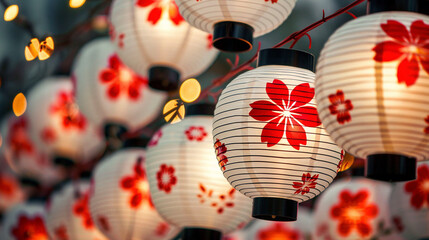 日本のお祭りの夜に輝く提灯　Generative AI - obrazy, fototapety, plakaty