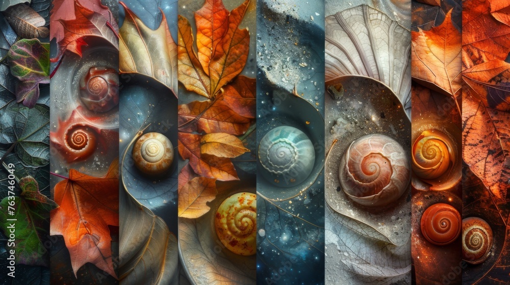 Poster a collage featuring a variety of overlapping images from leaves and seashells to spiral galaxies all