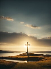 Holy cross symbolizing the death and resurrection of jesus christ with dramatic sky view