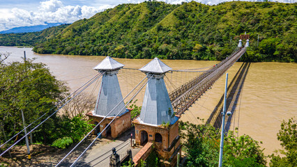 Aerial view of the historic Puente de Occidente in Santa Fe de Antioquia, Colombia
