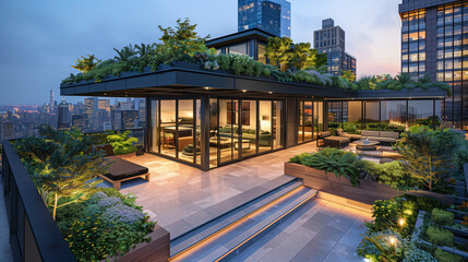 Modern Rooftop Garden and Lounge Area Overlooking City Skyline at Dusk