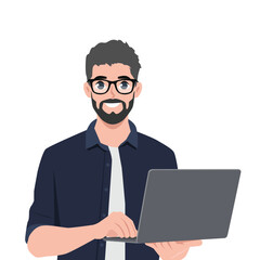 Young business man holding a laptop computer. Flat Vector Illustration Isolated on White Background