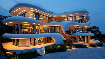 Modern Futuristic House with Illuminated Curves at Twilight