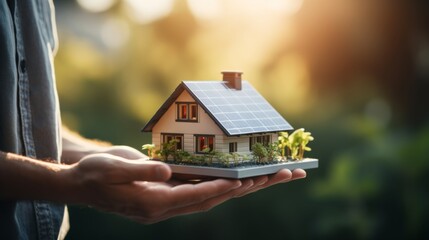Man holding a sustainable house model with solar panels