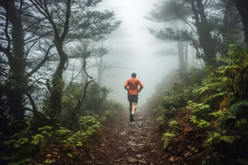 Fast motion: Athletic runner, full of vitality, racing through a lush forest trail - Powered by Adobe