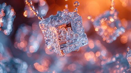 Falling ice cubes on blurred backdrop, offering ample space for creative content composition