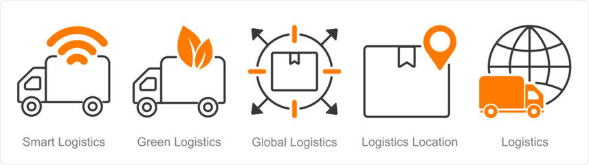 A set of 5 Logistics icons as smart logistics, green logistics, global logistics